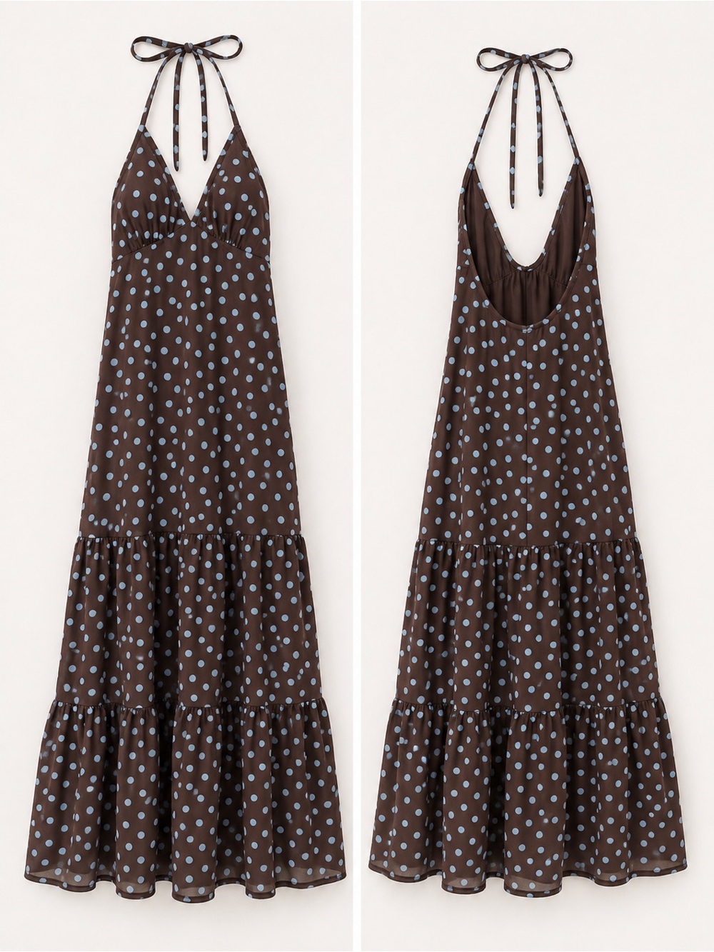 Target Brown Halter Maxi Dress with Light Blue Polka Dots